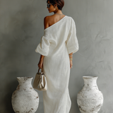 Vestido de Linho Off-White Sem Alças