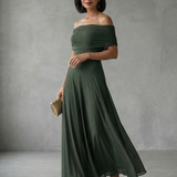 Carolina - Vestido Midi Drapado com Ombro Descoberto