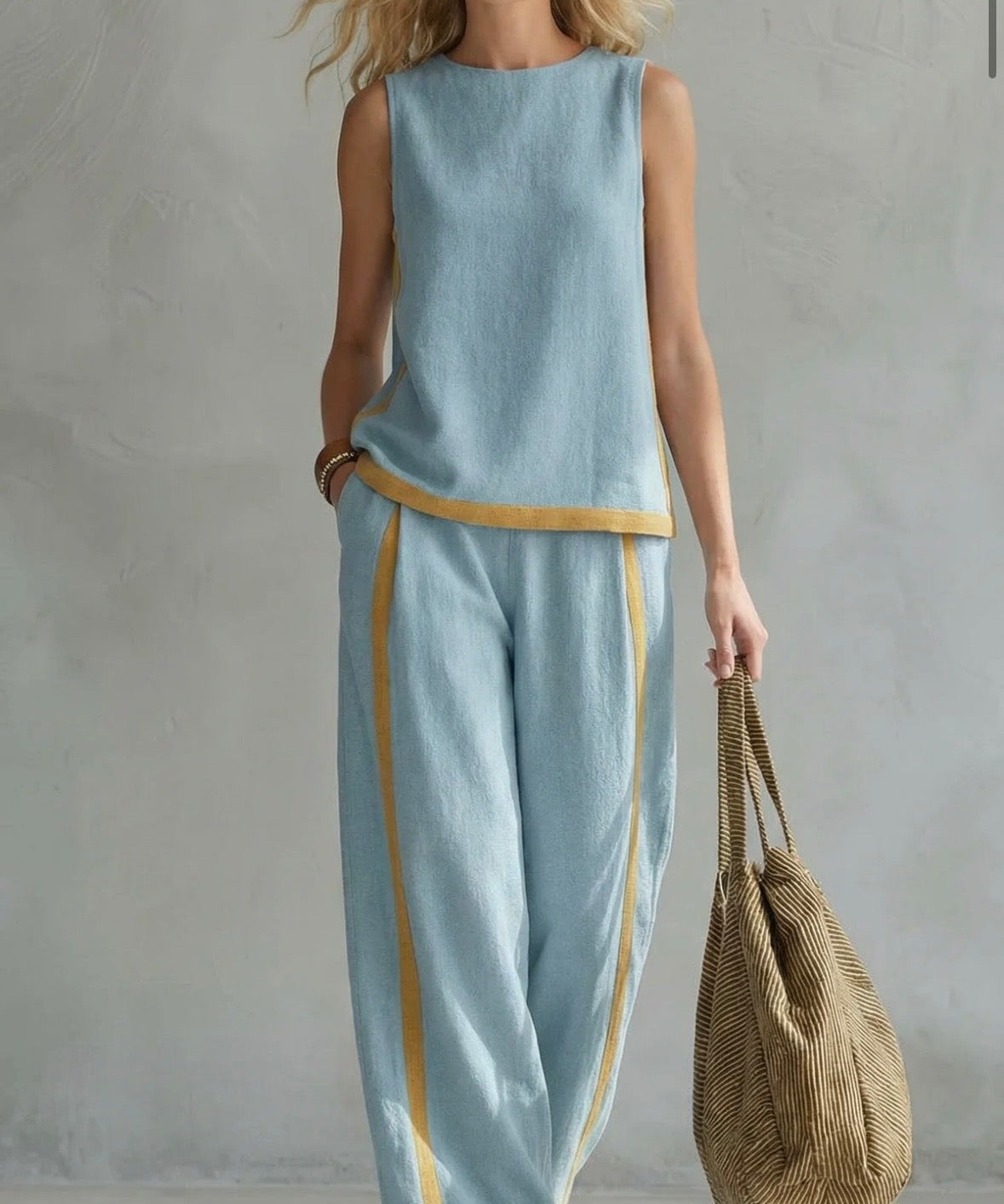 Liliana - Conjunto elegante e casual com colete e calças em algodão e linho cinza com bordos