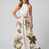 Celeste - Vestido Maxi com Painel Botânico e Decote Halter Drapado