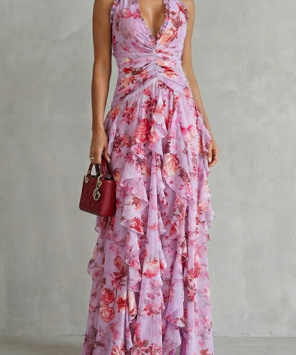 Belladina | Romântica Cascata de Rosas Vestido Longo com Decote à Americana