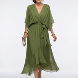 Elysia | Vestido Midi com Decote em V e Cinto na Cintura