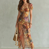 Carla - Robe Midi Fendida com Mangas Volantes