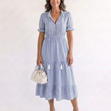 Dakota | Vestido Midi de Manga Curta Listrado em Camadas