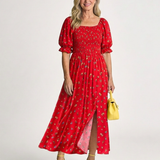 Delphine | Vestido Midi de Manga Bufante com Decote Quadrado e Estampado Floral