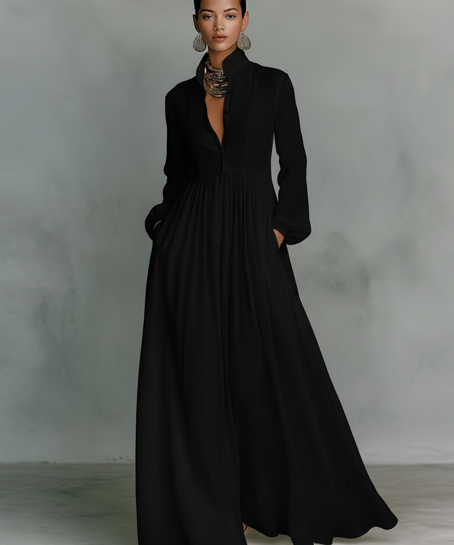 Vestido Maxi de Linho com Patchwork e Gola Alta