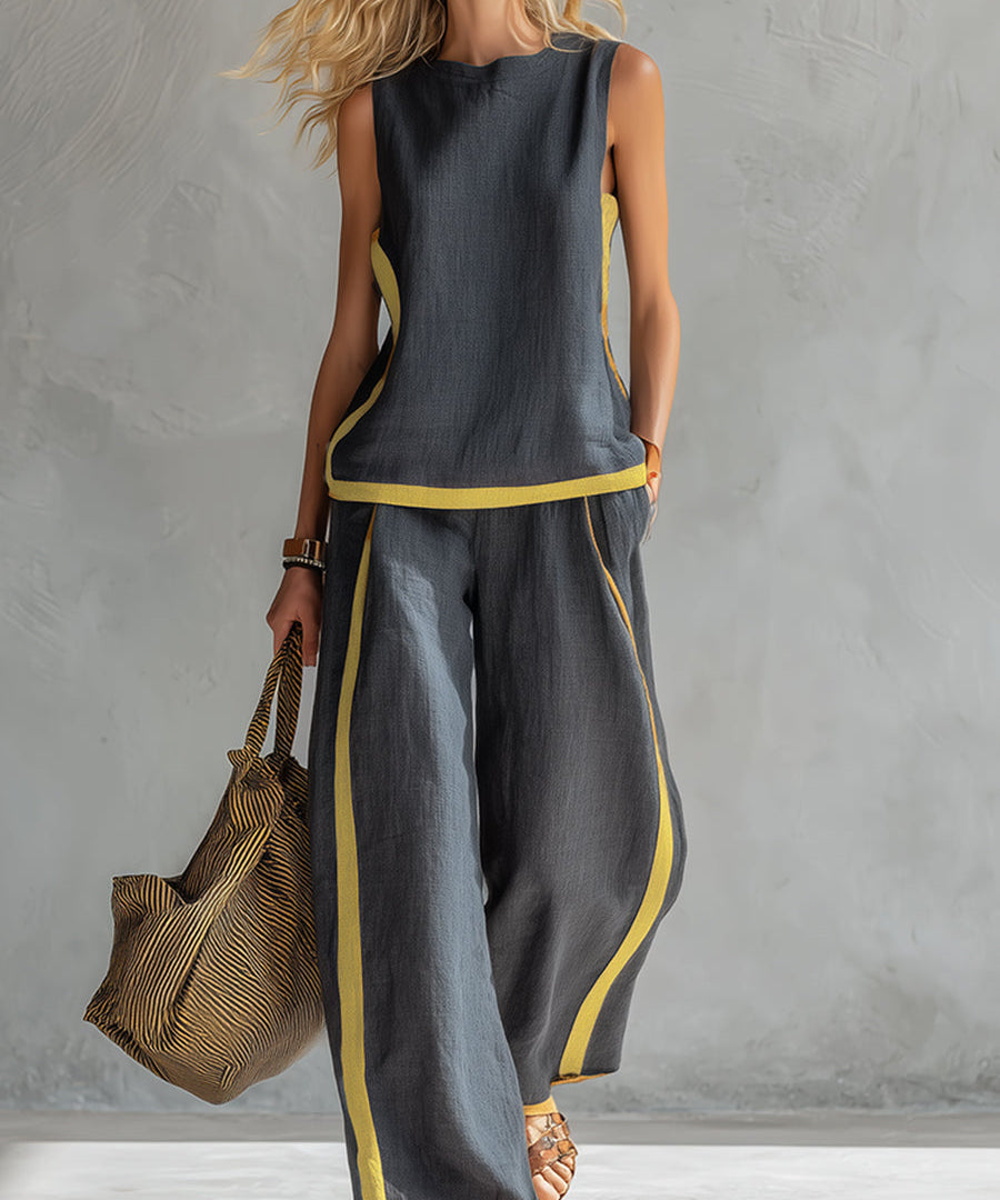 Liliana - Conjunto elegante e casual com colete e calças em algodão e linho cinza com bordos