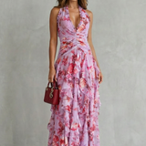 Belladina | Romântica Cascata de Rosas Vestido Longo com Decote à Americana