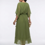 Elysia | Vestido Midi com Decote em V e Cintura Drapada