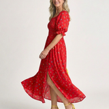 Delphine | Vestido Midi de Manga Bufante com Decote Quadrado e Estampado Floral