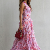 Belladina | Romântica Cascata de Rosas Vestido Longo com Decote à Americana