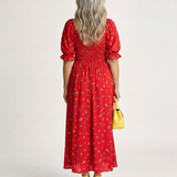 Delphine | Vestido Midi de Manga Bufante com Decote Quadrado e Estampa Floral