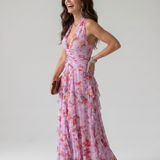 Matilde - Vestido Maxi Floral com Decote Halter e Corpo Fruncido
