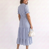 Dakota | Vestido Midi de Manga Curta Listrado em Camadas