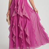 Flor - Vestido Maxi com Decote Alto e Volantes Froncados