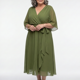 Elysia | Vestido Midi com Decote em V e Cinto na Cintura