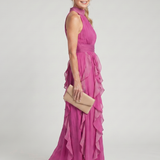 Flor - Vestido Maxi com Decote Alto e Volantes Froncados