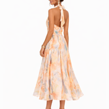 Amélia - Vestido Midi Floral Pêssego com Gola Alta Fluida