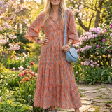 Amara | Vestido Midi Plissado com Estampa Geométrica em V