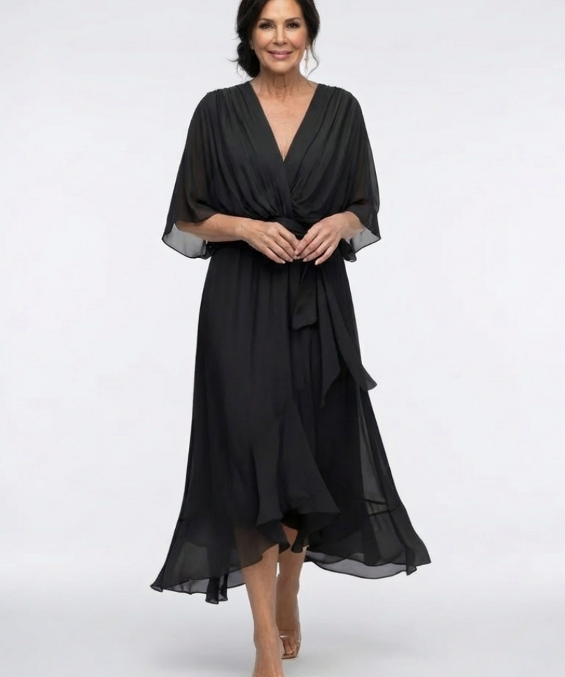 Elysia | Vestido Midi com Decote em V e Cinto na Cintura