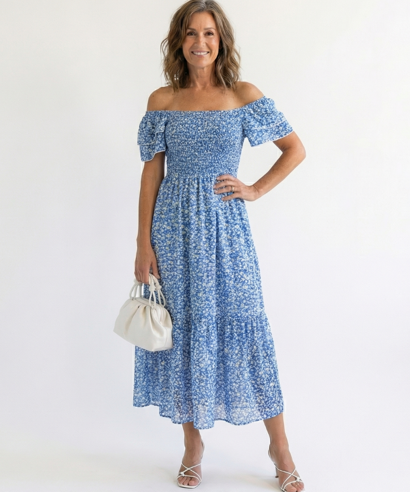 Odette | Vestido Midi Floral com Ombros à Descoberto