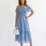 Odette | Vestido Midi Floral com Ombros Descidos