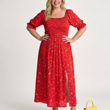 Delphine | Vestido Midi de Manga Bufante com Decote Quadrado e Estampado Floral