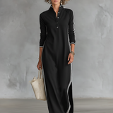 Vestido Maxi de Moletão com Gola de Botão