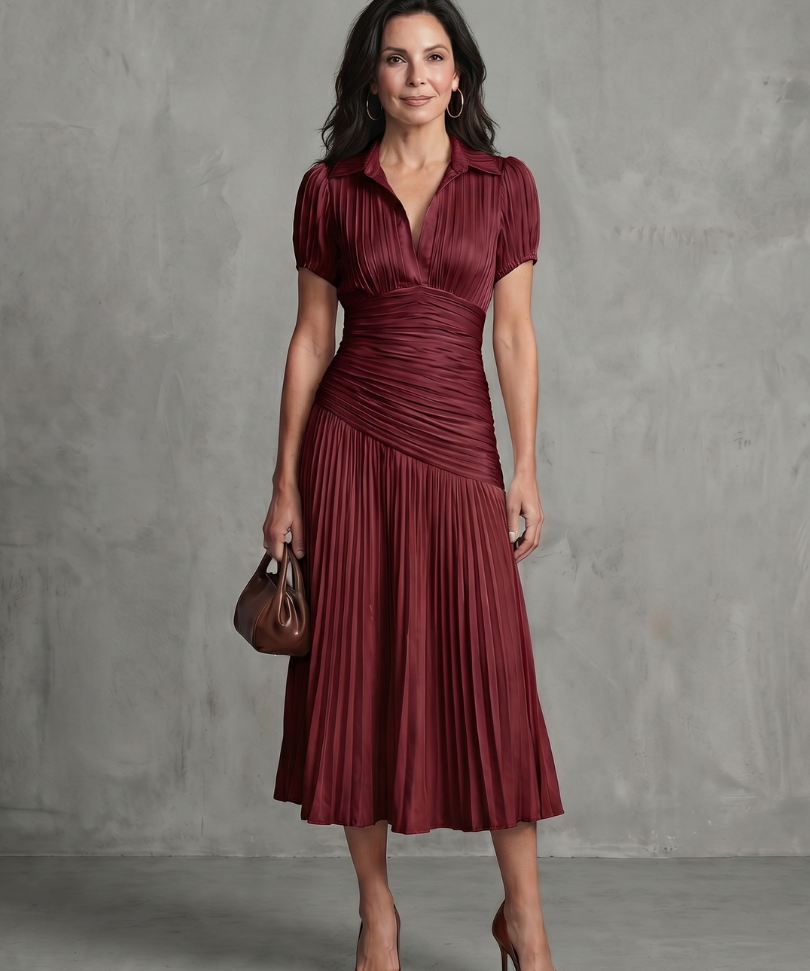 Auria - Vestido midi com cintura plissada e riscas