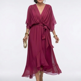 Elysia | Vestido Midi com Decote em V e Cintura Drapada