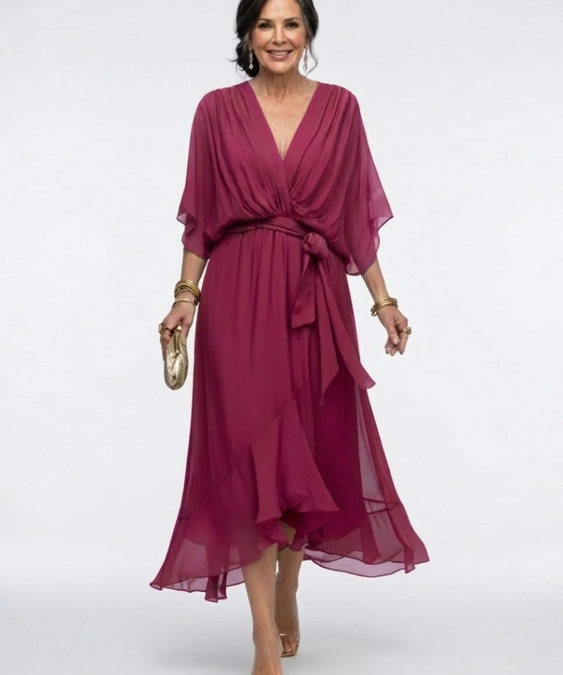 Elysia | Vestido Midi com Decote em V e Cintura Drapada