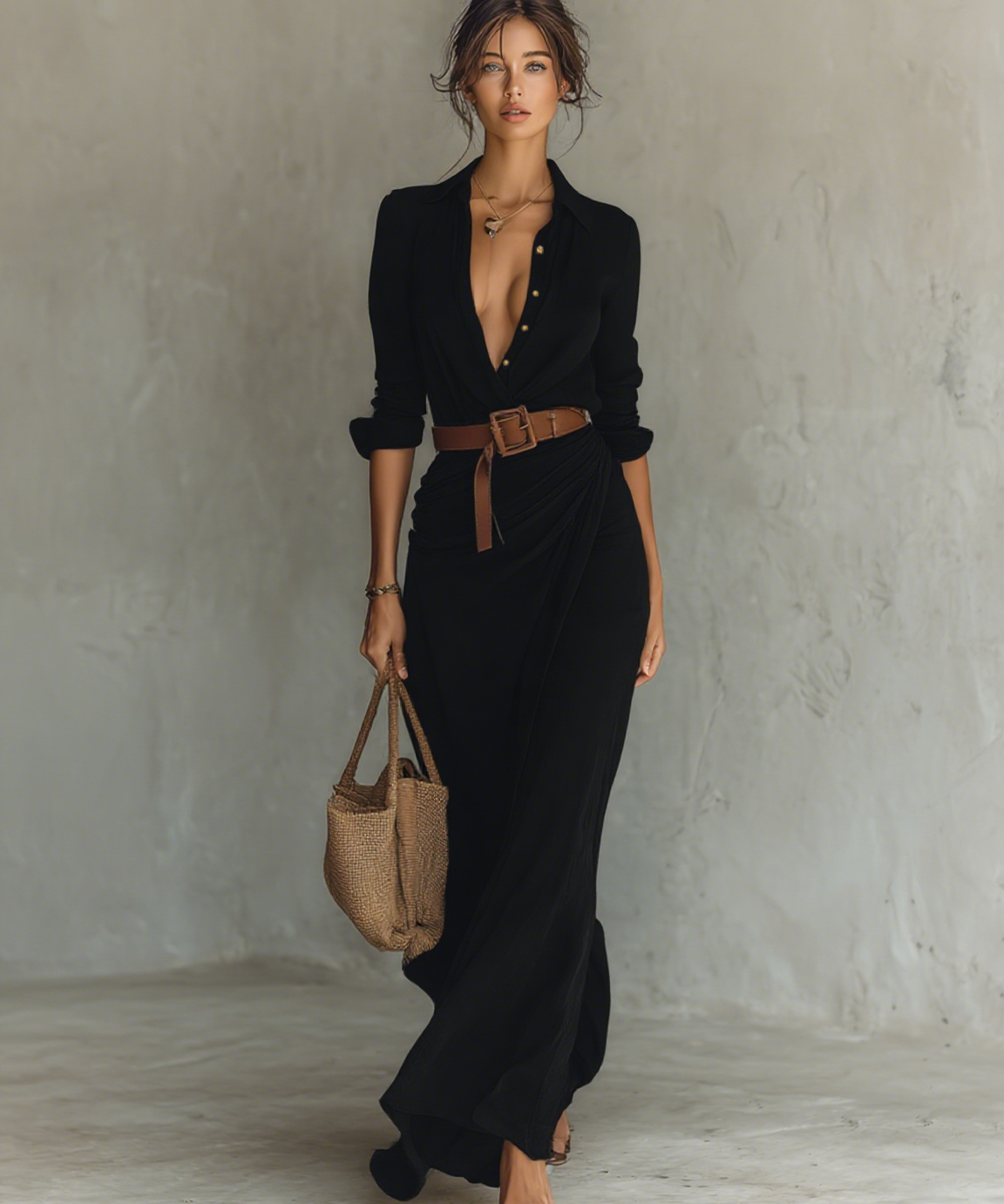 Paula - Maxi vestido com gola reversível de manga longa