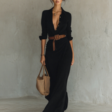 Paula - Maxi vestido com gola reversível de manga longa