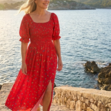 Delphine | Vestido Midi de Manga Bufante com Decote Quadrado e Estampado Floral