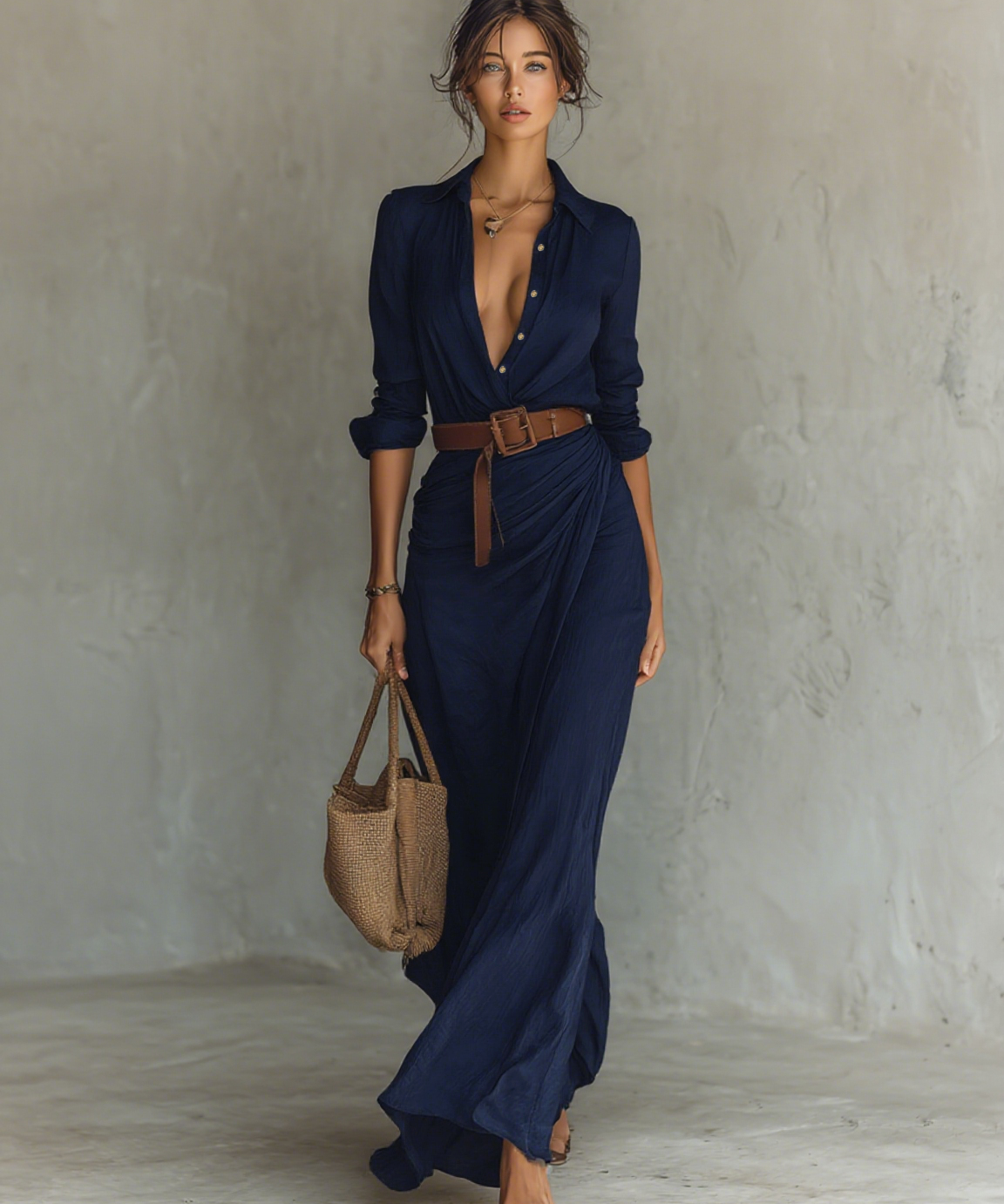 Paula - Maxi vestido com gola reversível de manga longa