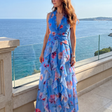 Matilde - Vestido Maxi Floral com Decote Halter e Corpo Fruncido