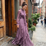 Tatiana - Vestido Maxi com Gola em Laço e Volantes