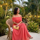 Carolina - Vestido Midi Drapado com Ombro Descoberto