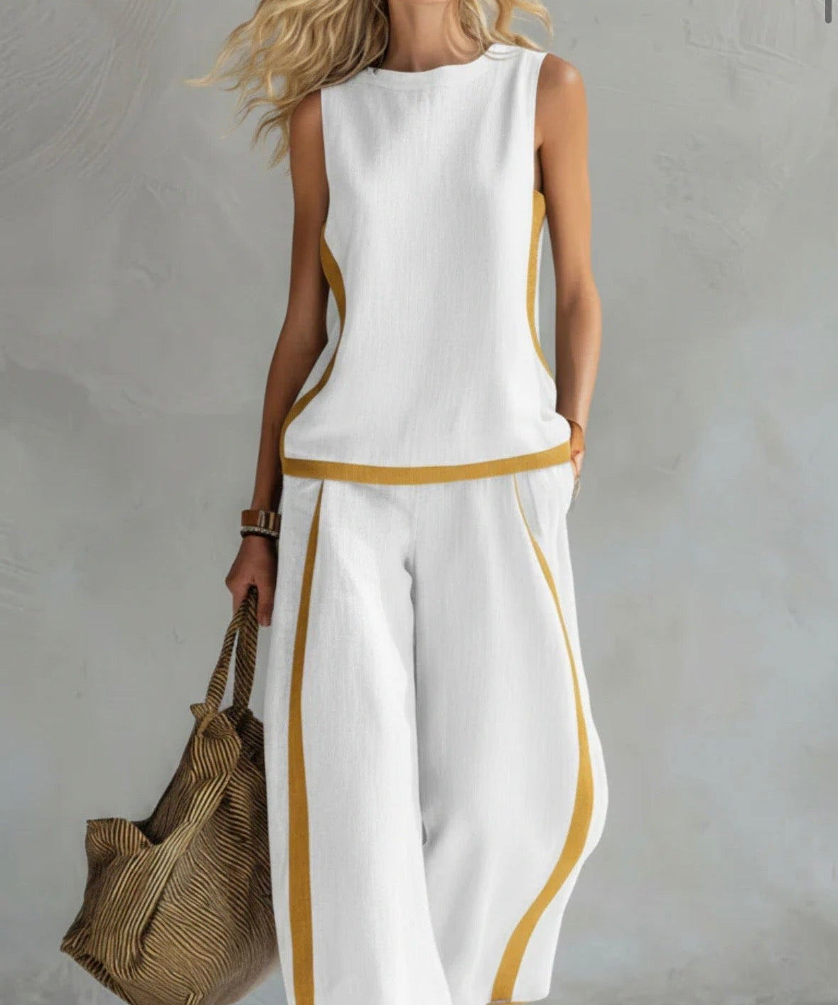 Liliana - Conjunto elegante e casual com colete e calças em algodão e linho cinza com bordos