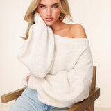Suéter de Lã Tricotado Creme Off Shoulder