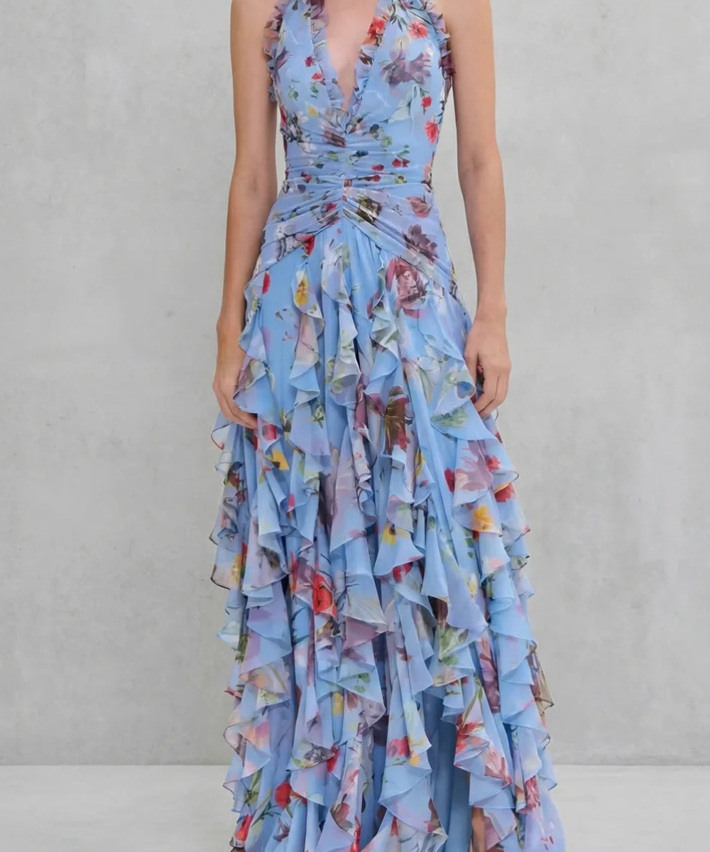 Belladina | Romântica Cascata de Rosas Vestido Longo com Decote à Americana