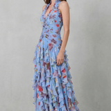 Belladina | Romântica Cascata de Rosas Vestido Longo com Decote à Americana