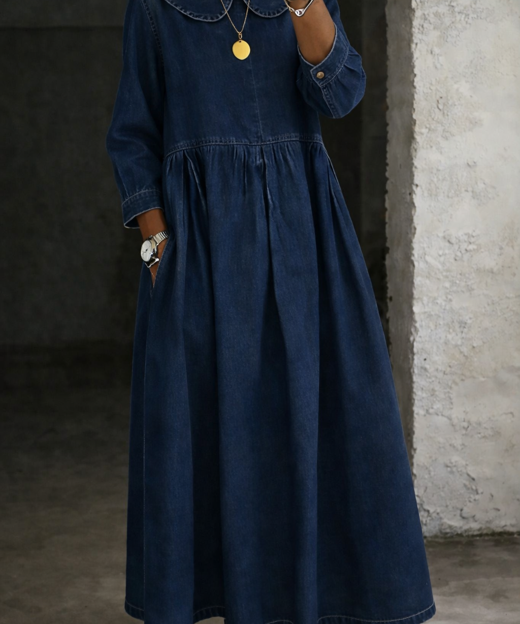 Clara™ | Vestido de ganga com colarinho Peter Pan