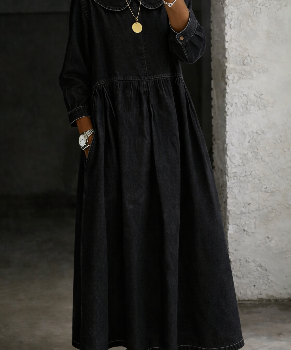 Clara™ | Vestido de ganga com colarinho Peter Pan