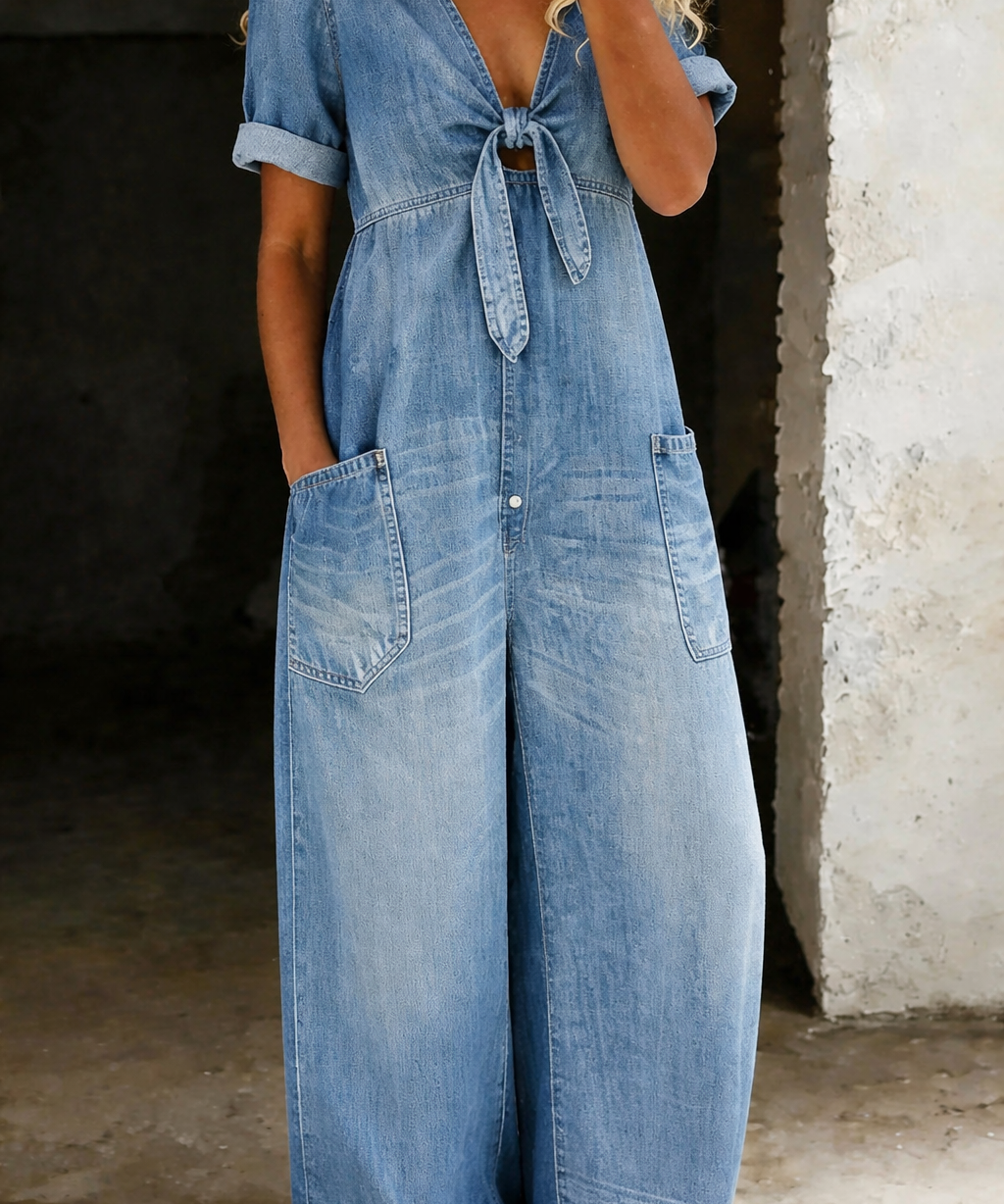 Maya™ | Macacão de denim com decote em V