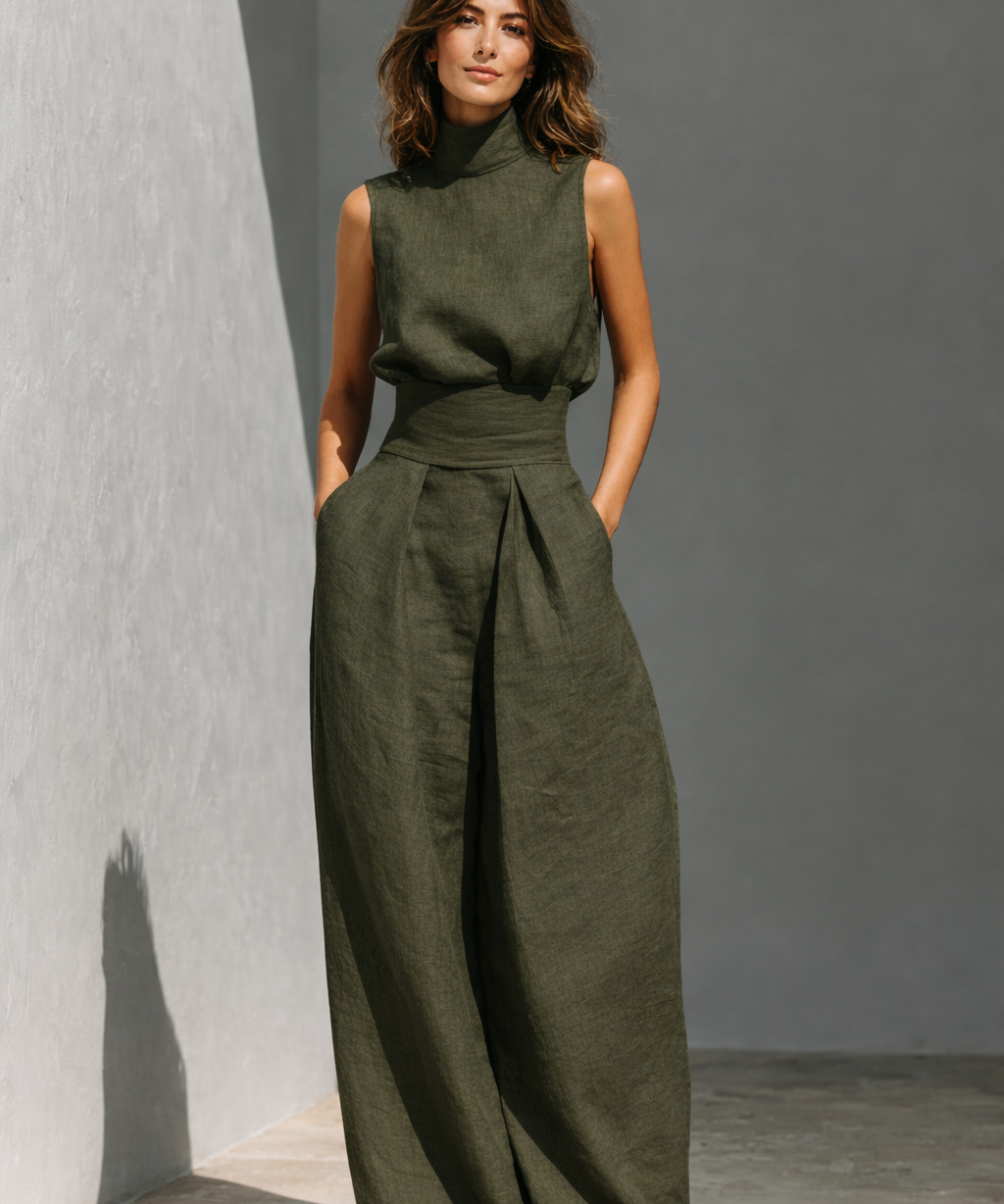 Maria | Conjunto minimalista de top e calças largas em algodão e linho para mulher
