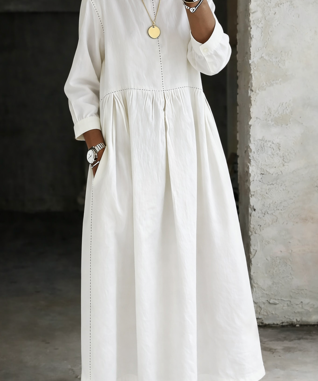 Melissa™ | Vestido de ganga com decote redondo e mangas longas
