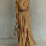 Vestido Maxi de Linho com Gola Reversa e Manga Longa