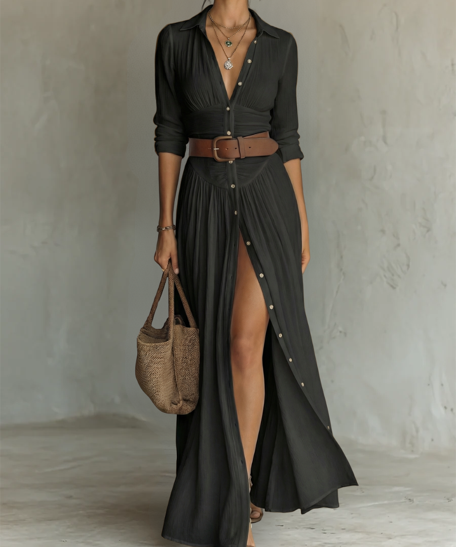 Vestido Maxi de Linho com Gola Reversa e Manga Longa