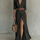 Vestido Maxi de Linho com Gola Reversa e Manga Longa